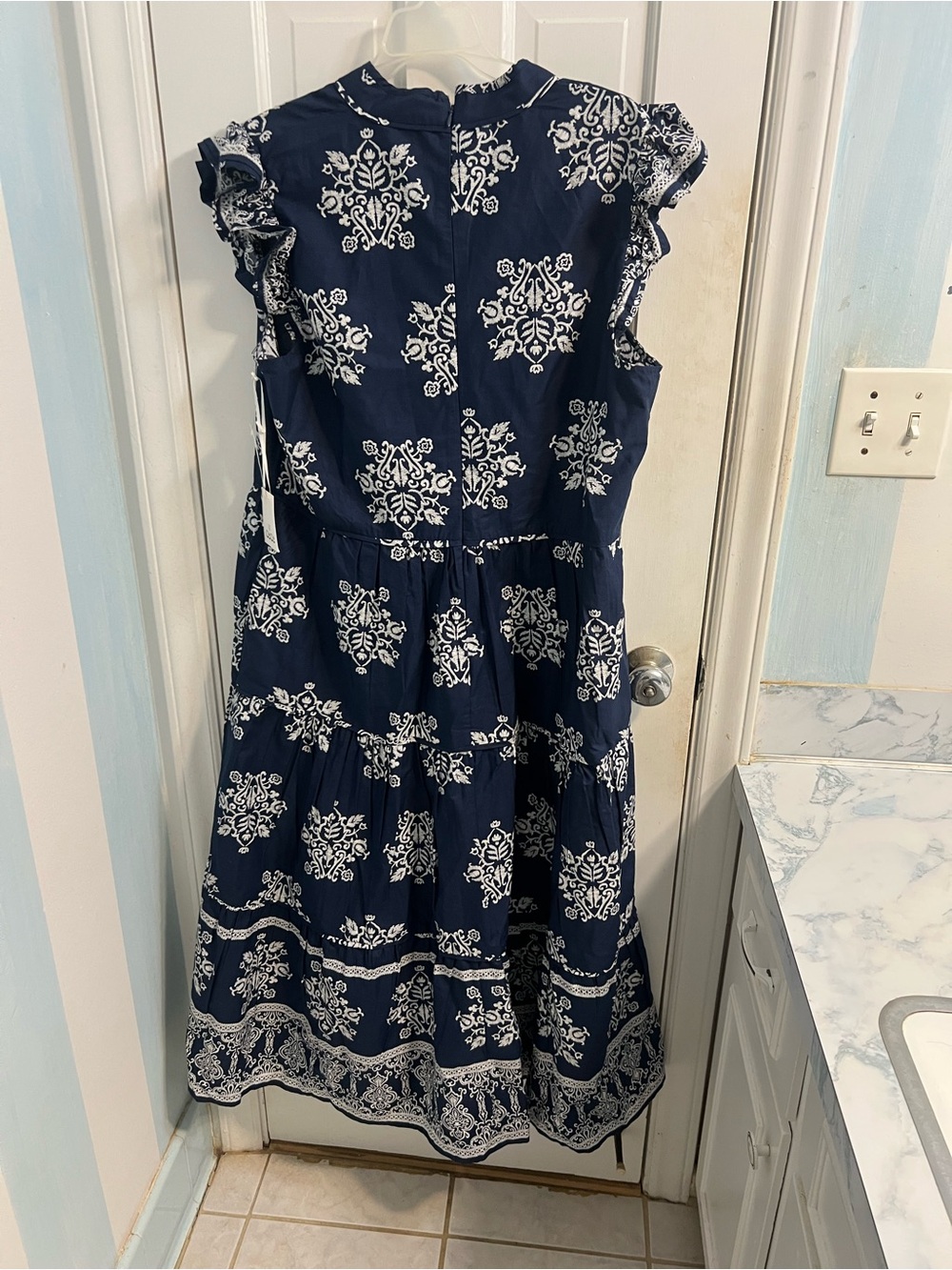 CeCe Navy and White Tiered Cotton Dress with Floral Medallions